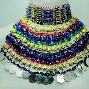 Blue Stone Beads Choker Necklace, Afghan Tribal Choker Necklace, Boho Statement